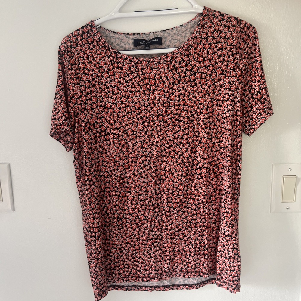 Jones New York Signature Womens T-Shirt Top Orange Black Floral Print Size M
